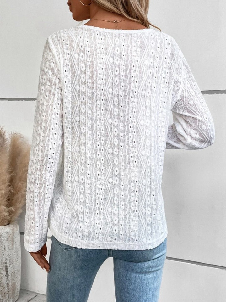 Openwork Half Button Long Sleeve Blouse