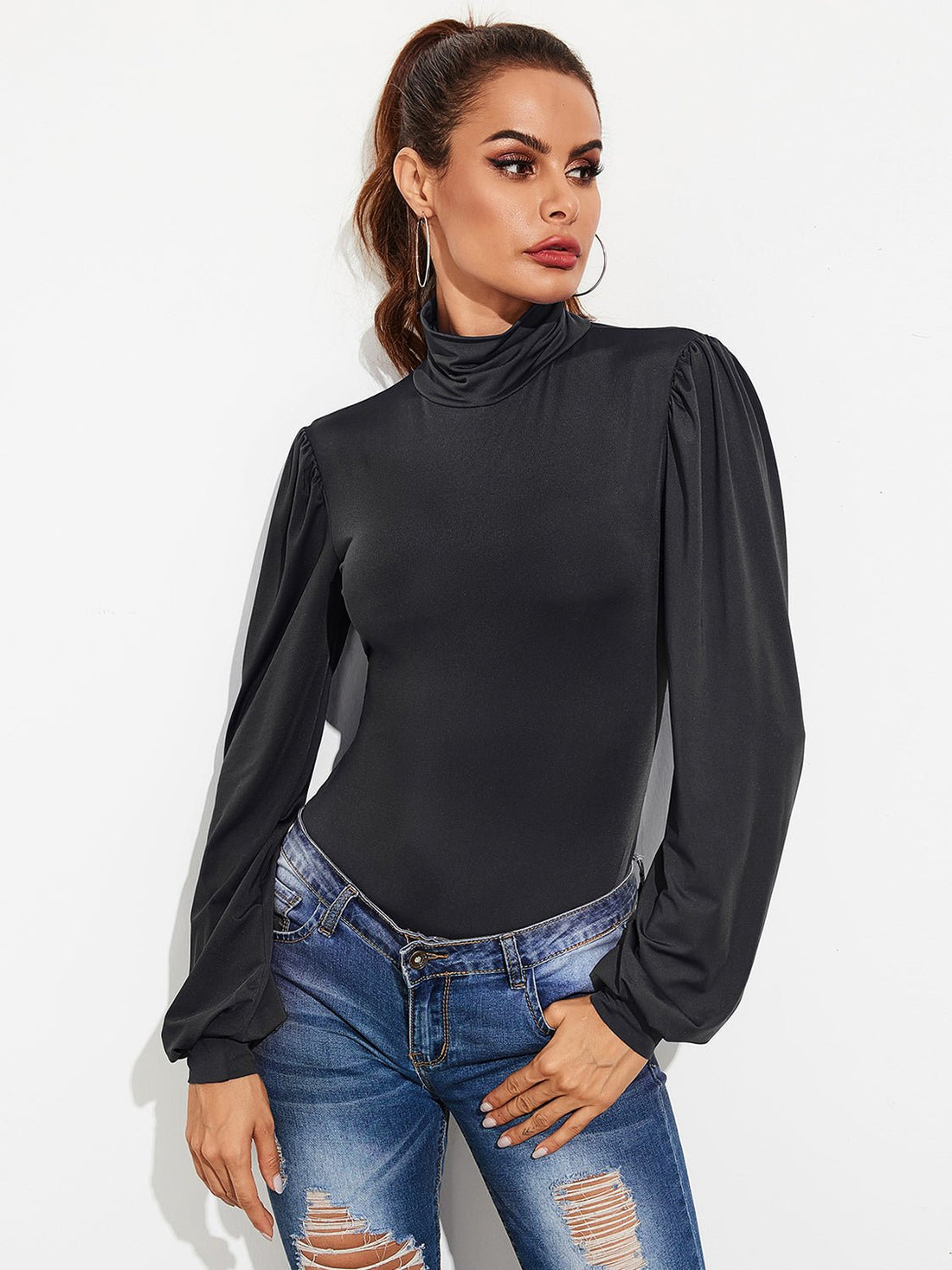 Backless Tie - Waist Turtleneck Lantern Sleeve Bodysuit | Trending Chic NZ