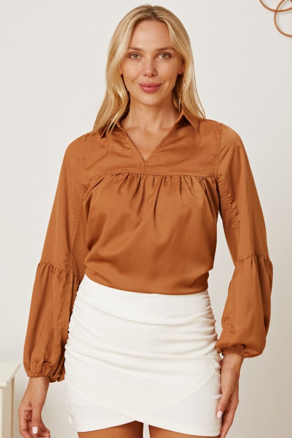 Balloon Sleeve Collared Neck Blouse | Trending Chic NZ