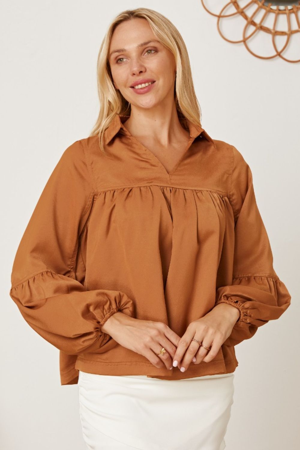 Balloon Sleeve Collared Neck Blouse | Trending Chic NZ