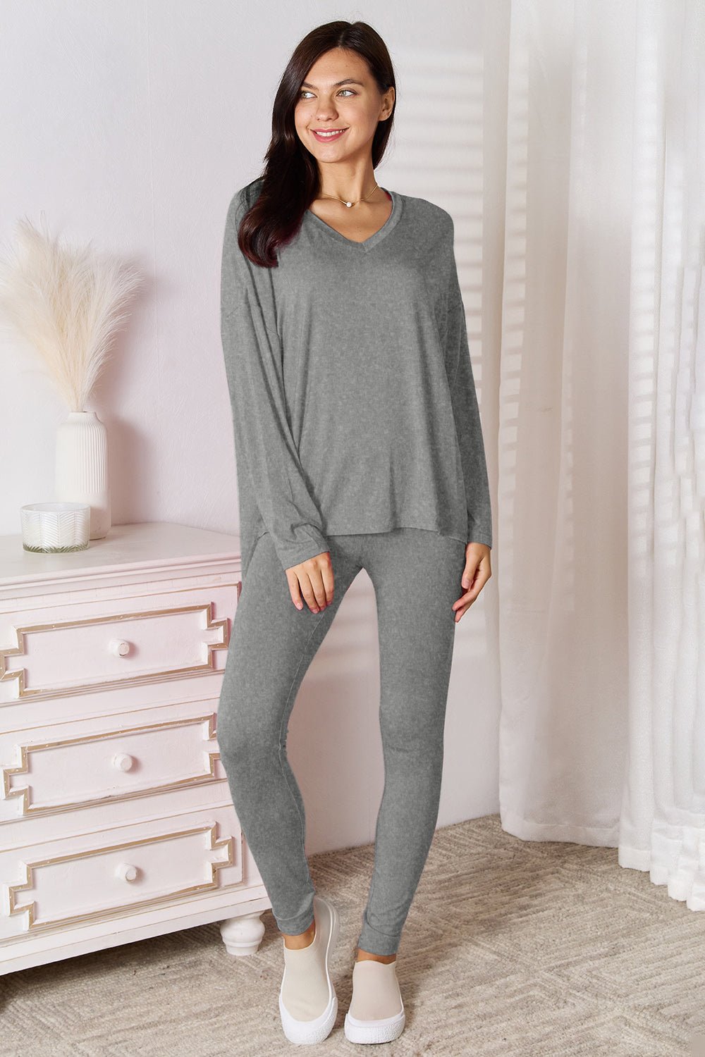 Basic Bae Bamboo Full Size V - Neck Long Sleeve Top and Pants Lounge Set | Trending Chic NZ