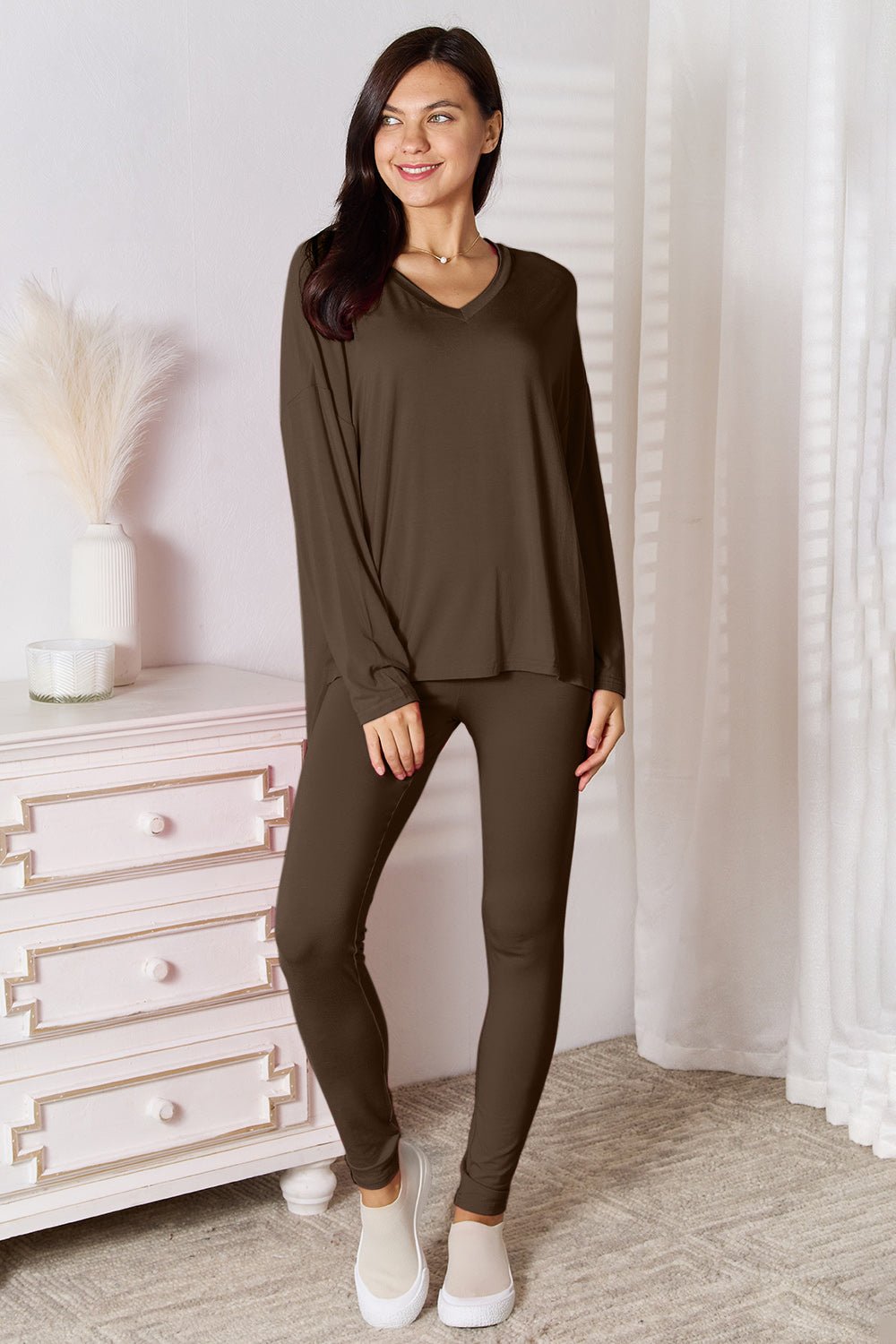 Basic Bae Bamboo Full Size V - Neck Long Sleeve Top and Pants Lounge Set | Trending Chic NZ