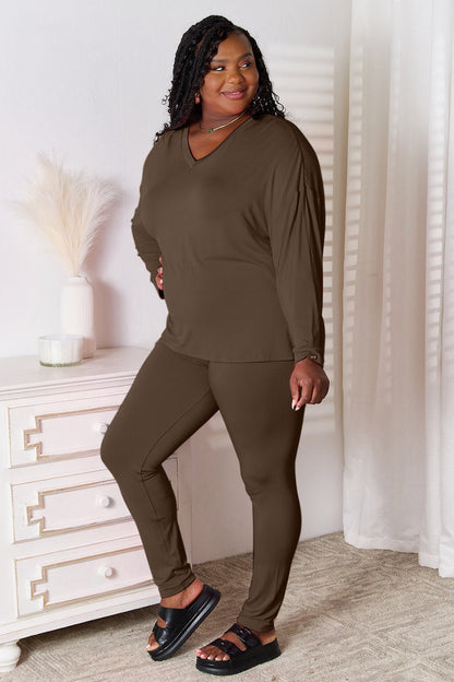 Basic Bae Bamboo Full Size V - Neck Long Sleeve Top and Pants Lounge Set | Trending Chic NZ