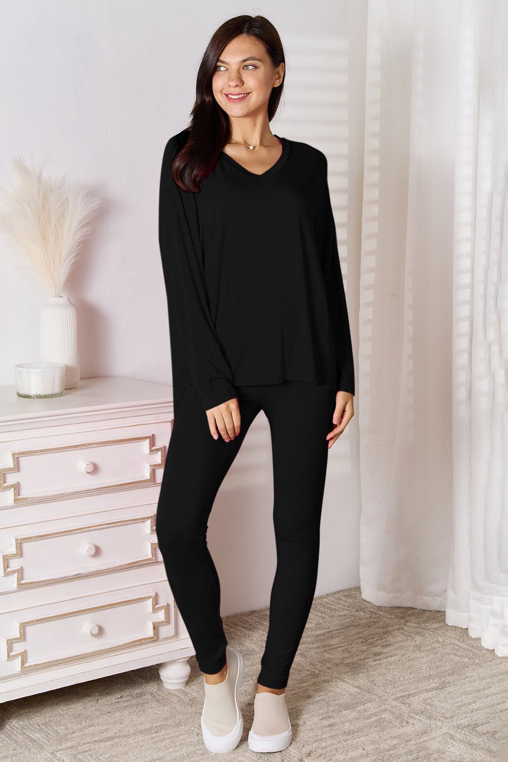 Basic Bae Bamboo Full Size V - Neck Long Sleeve Top and Pants Lounge Set | Trending Chic NZ