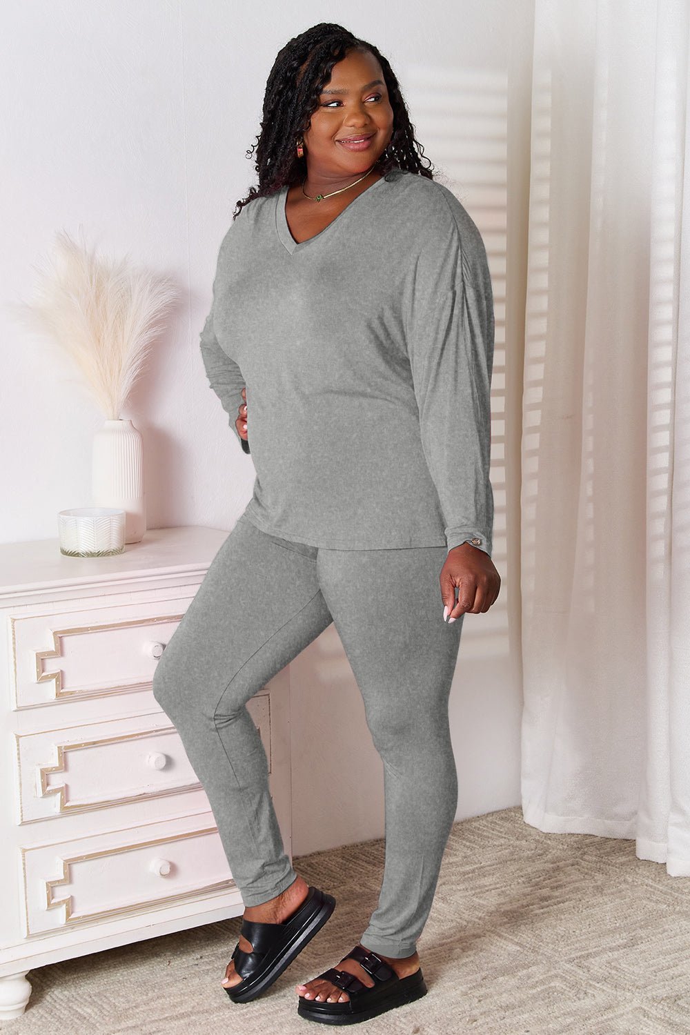 Basic Bae Bamboo Full Size V - Neck Long Sleeve Top and Pants Lounge Set | Trending Chic NZ