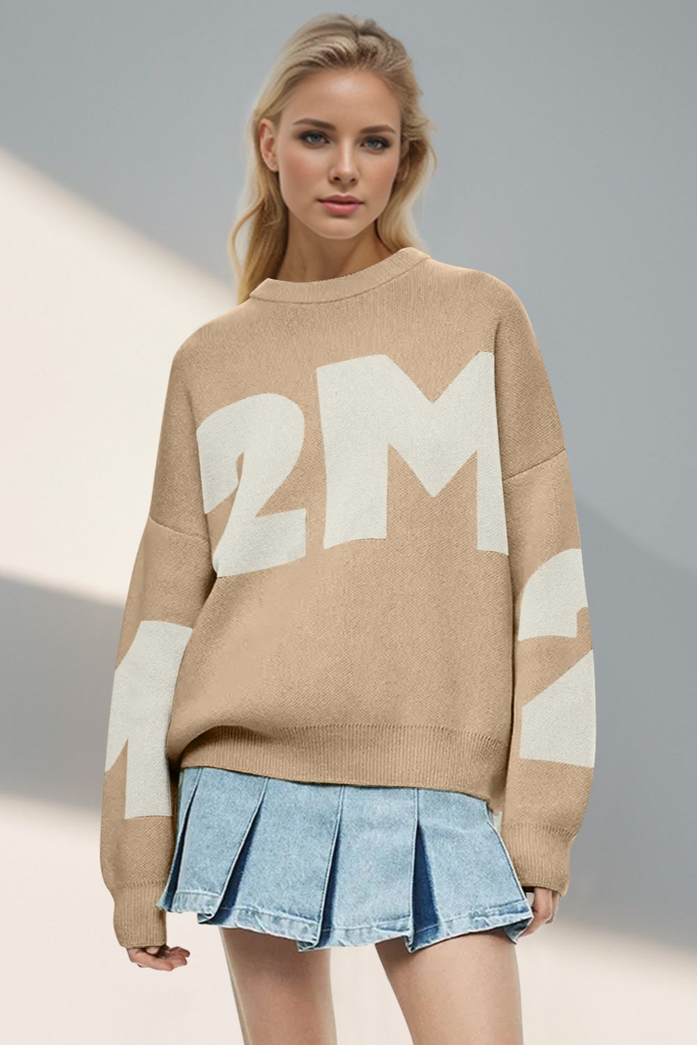 Basic Bae Contrast Letter Round Neck Long Sleeve Sweater | Trending Chic NZ