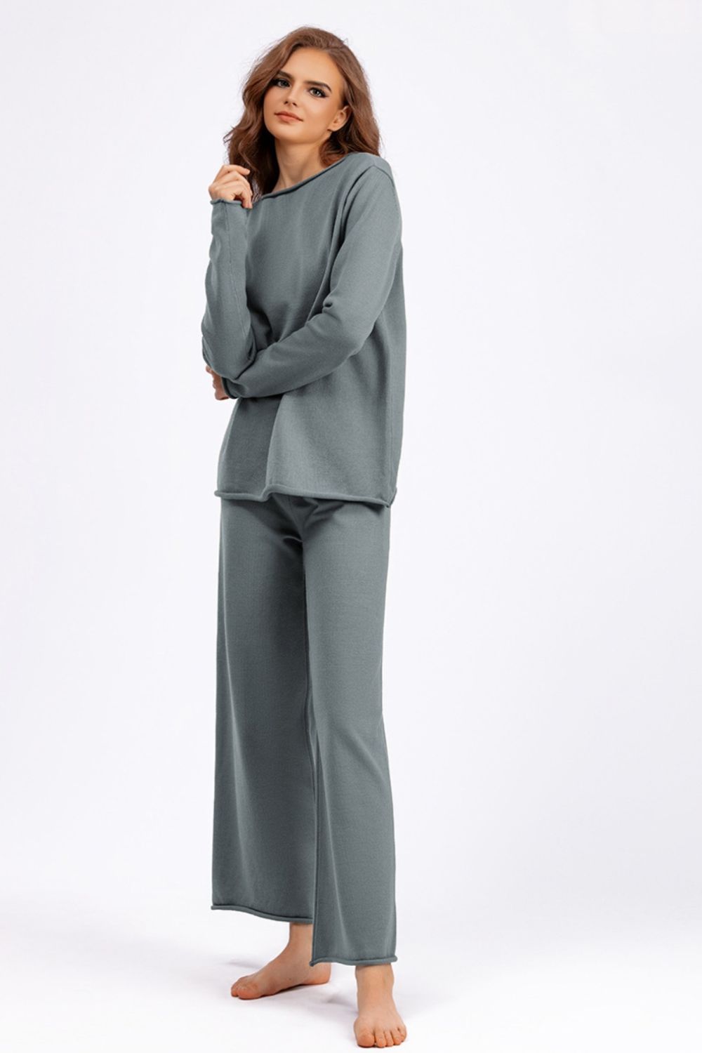 Basic Bae Rolled Round Neck Top and Pants Sweater Set | Trending Chic NZ