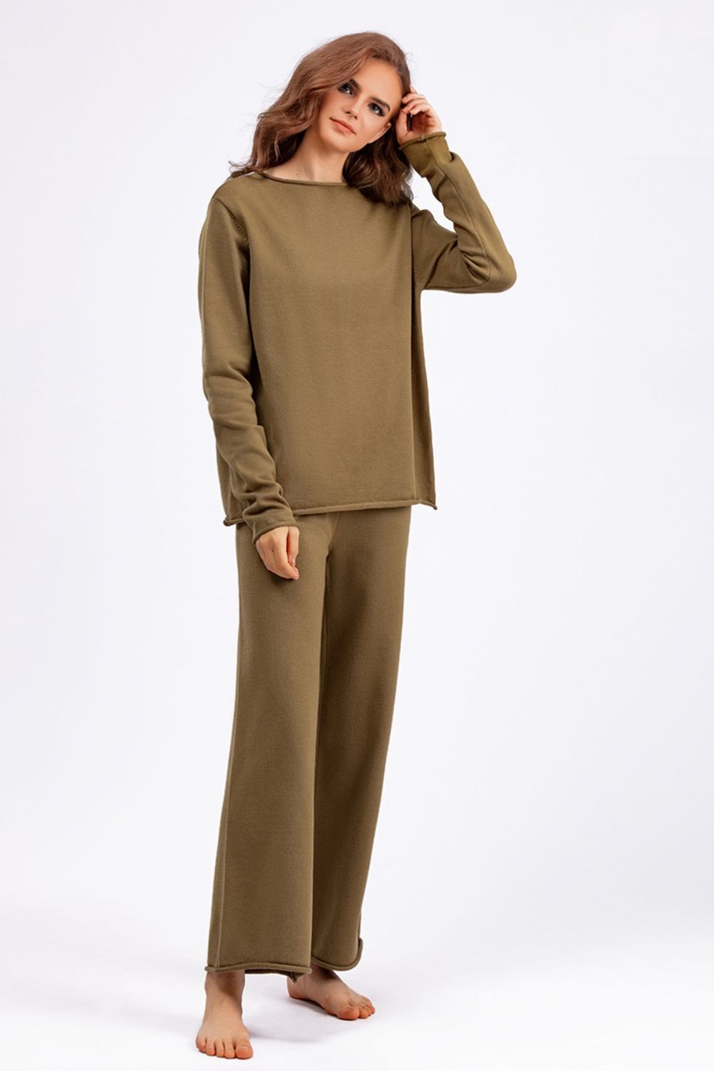 Basic Bae Rolled Round Neck Top and Pants Sweater Set | Trending Chic NZ