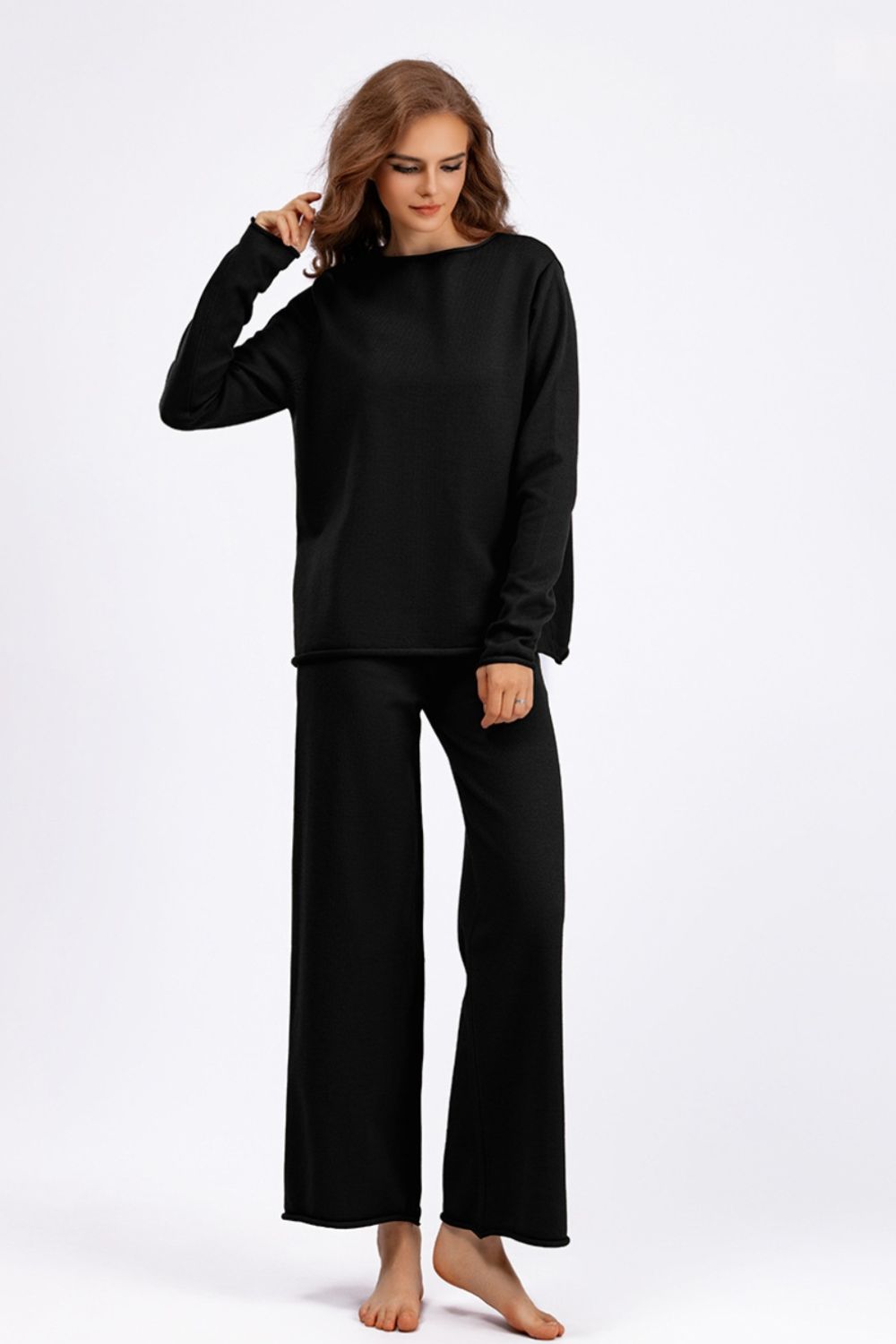 Basic Bae Rolled Round Neck Top and Pants Sweater Set | Trending Chic NZ