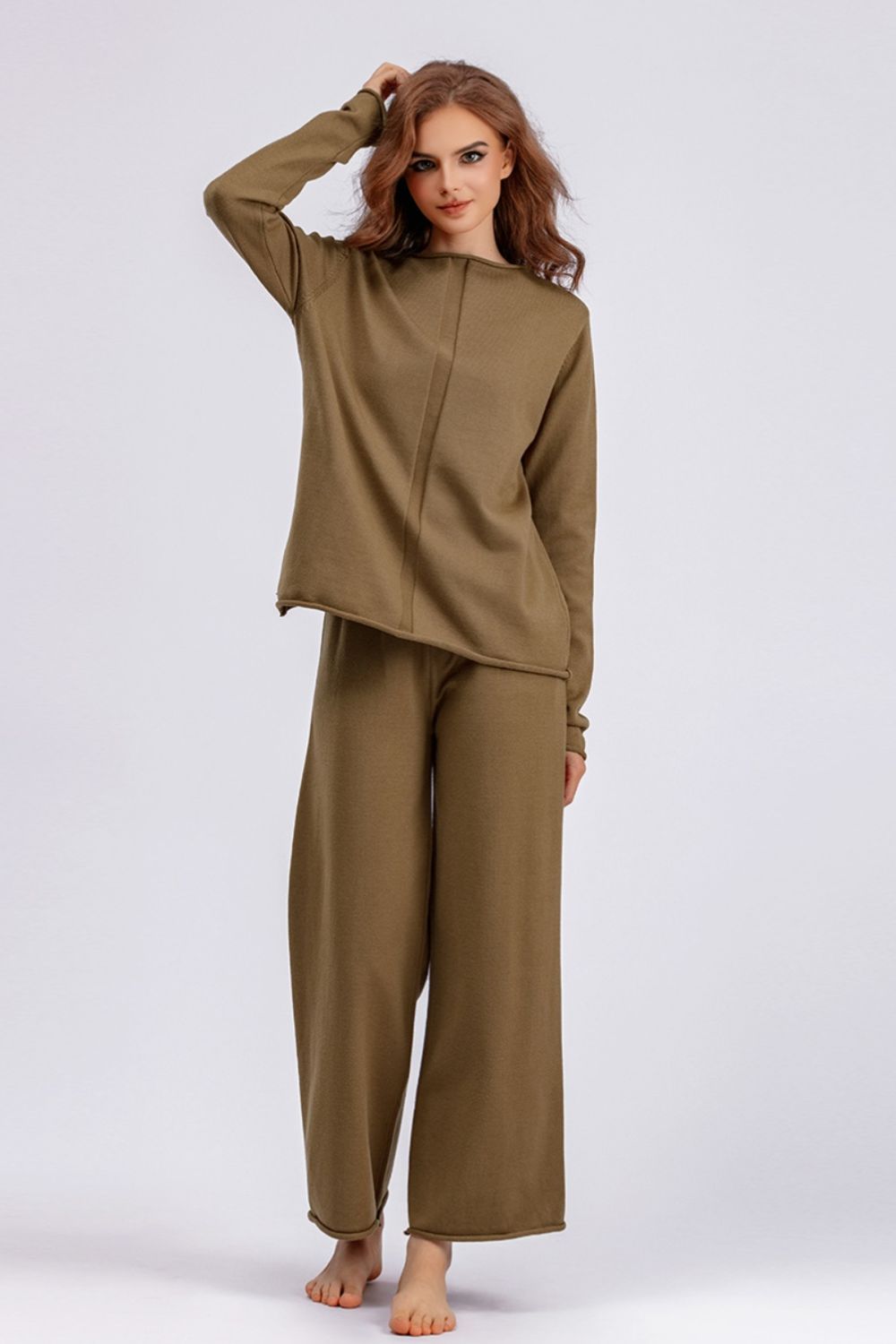 Basic Bae Rolled Round Neck Top and Pants Sweater Set | Trending Chic NZ