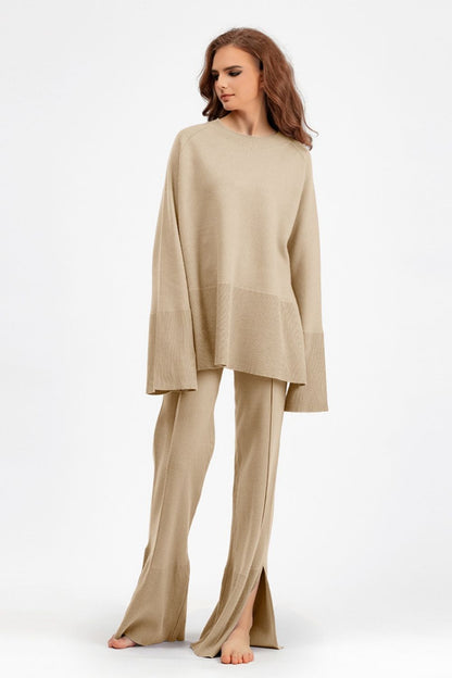 Basic Bae Slit Round Neck Long Sleeve Top and Drawstring Pants Sweater Set | Trending Chic NZ