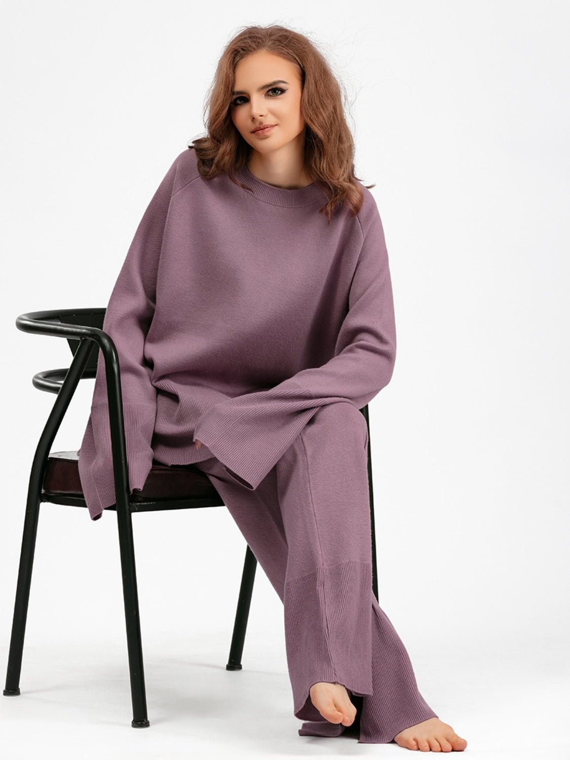 Basic Bae Slit Round Neck Long Sleeve Top and Drawstring Pants Sweater Set | Trending Chic NZ