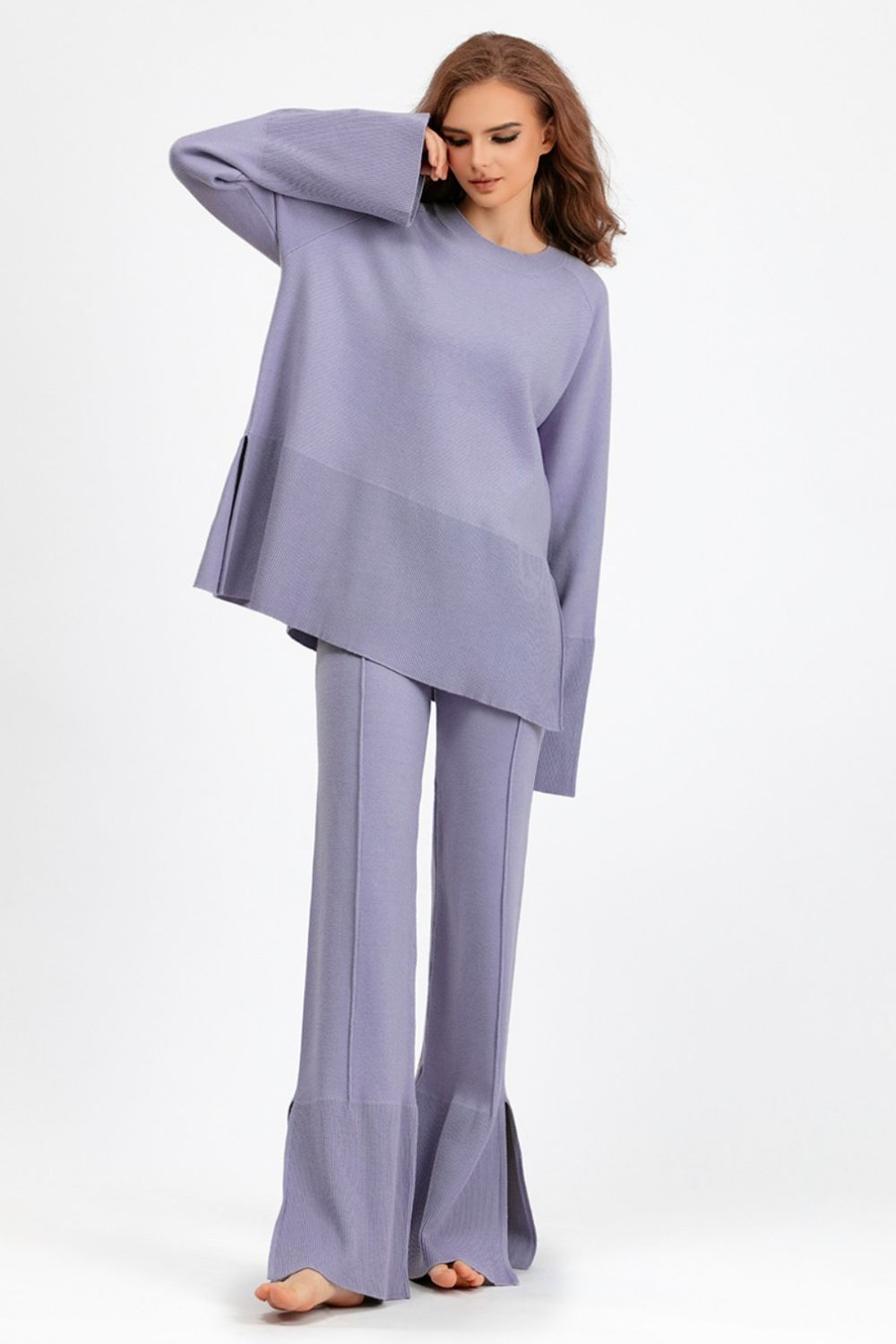 Basic Bae Slit Round Neck Long Sleeve Top and Drawstring Pants Sweater Set | Trending Chic NZ