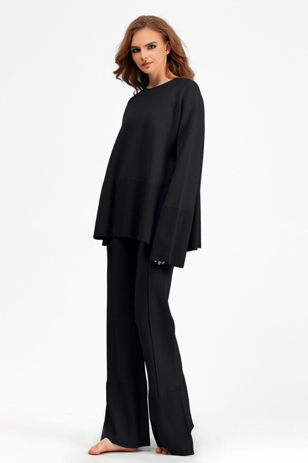 Basic Bae Slit Round Neck Long Sleeve Top and Drawstring Pants Sweater Set | Trending Chic NZ