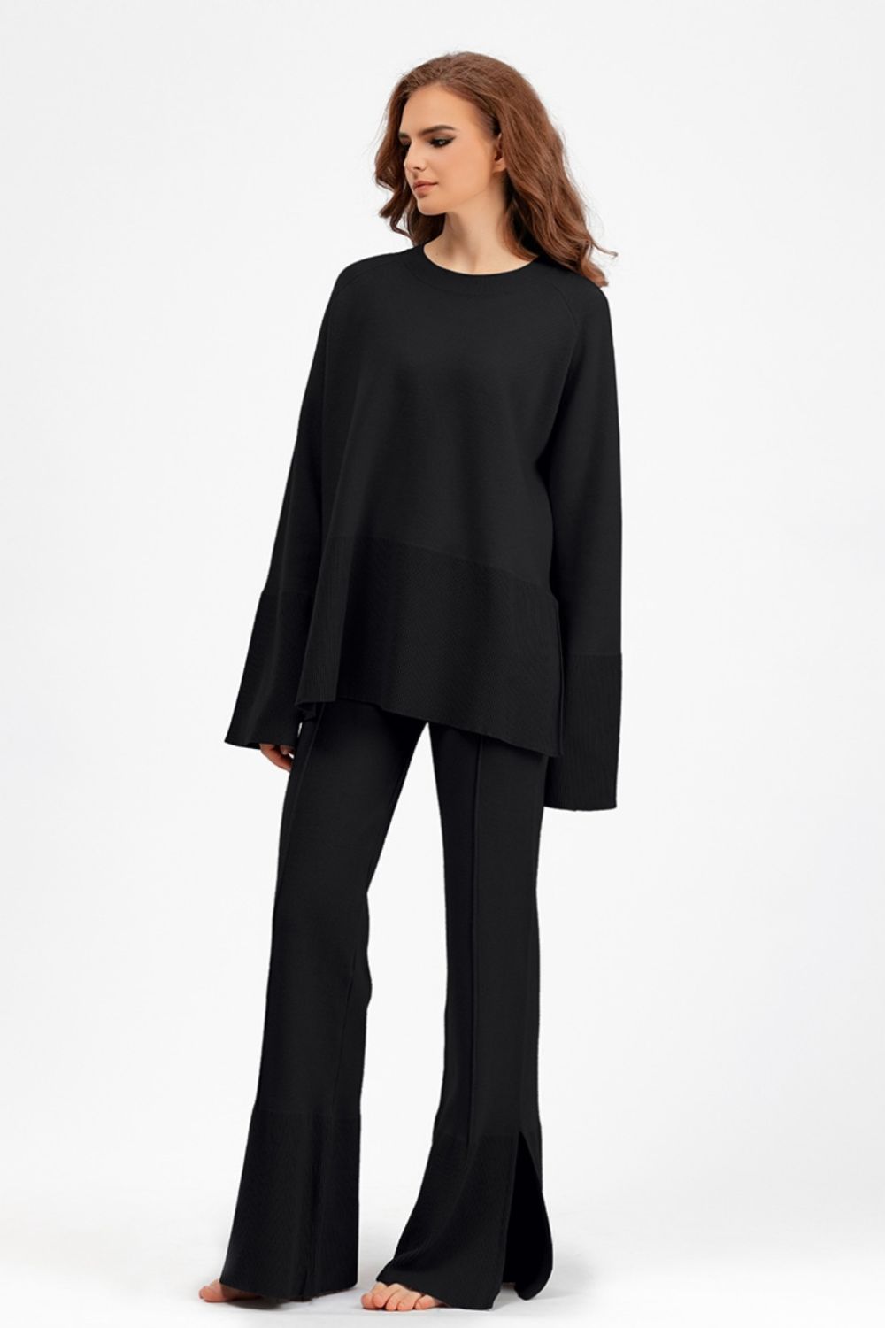 Basic Bae Slit Round Neck Long Sleeve Top and Drawstring Pants Sweater Set | Trending Chic NZ