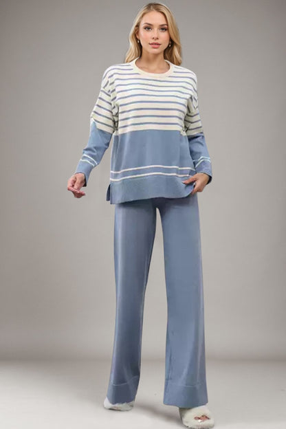 Basic Bae Striped Round Neck Long Sleeve Top and Pants Sweater Set | Trending Chic NZ