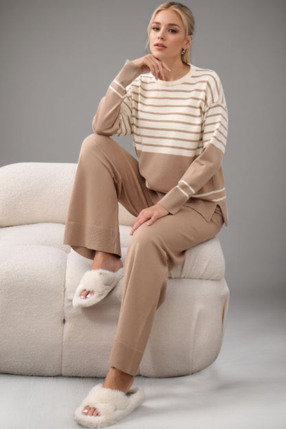 Basic Bae Striped Round Neck Long Sleeve Top and Pants Sweater Set | Trending Chic NZ