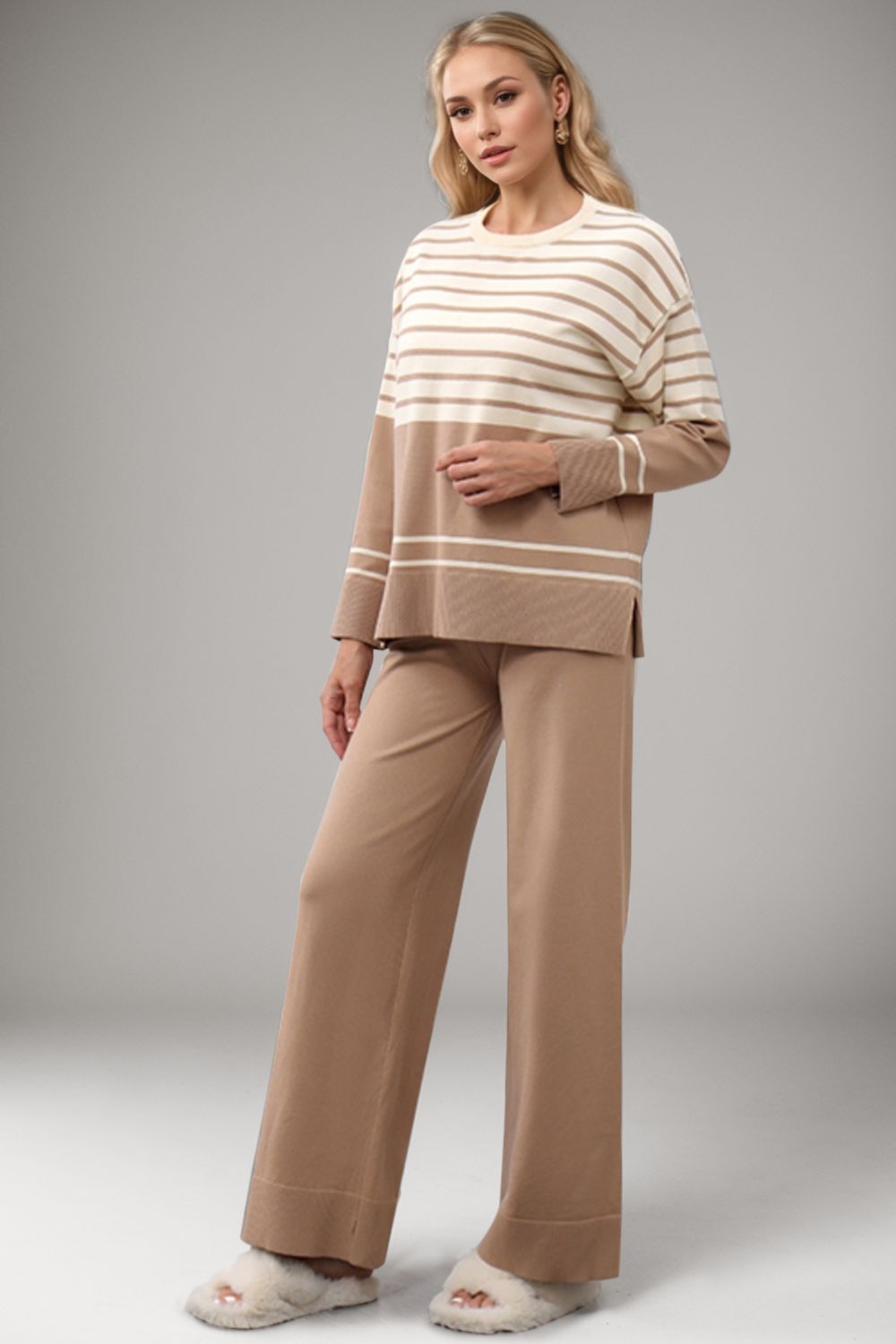 Basic Bae Striped Round Neck Long Sleeve Top and Pants Sweater Set | Trending Chic NZ