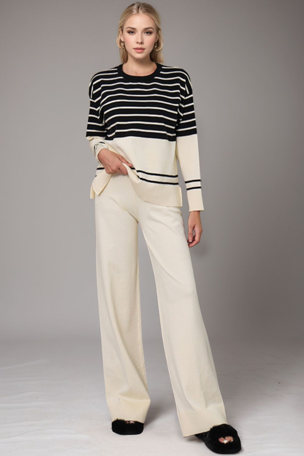 Basic Bae Striped Round Neck Long Sleeve Top and Pants Sweater Set | Trending Chic NZ