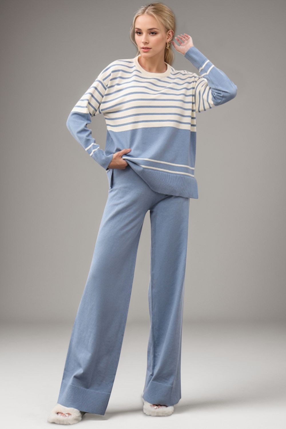 Basic Bae Striped Round Neck Long Sleeve Top and Pants Sweater Set | Trending Chic NZ