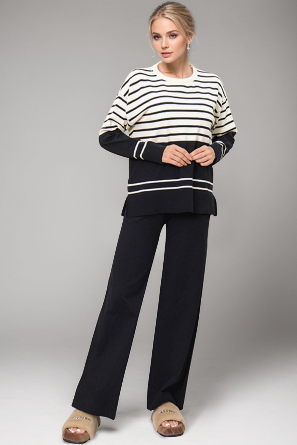 Basic Bae Striped Round Neck Long Sleeve Top and Pants Sweater Set | Trending Chic NZ