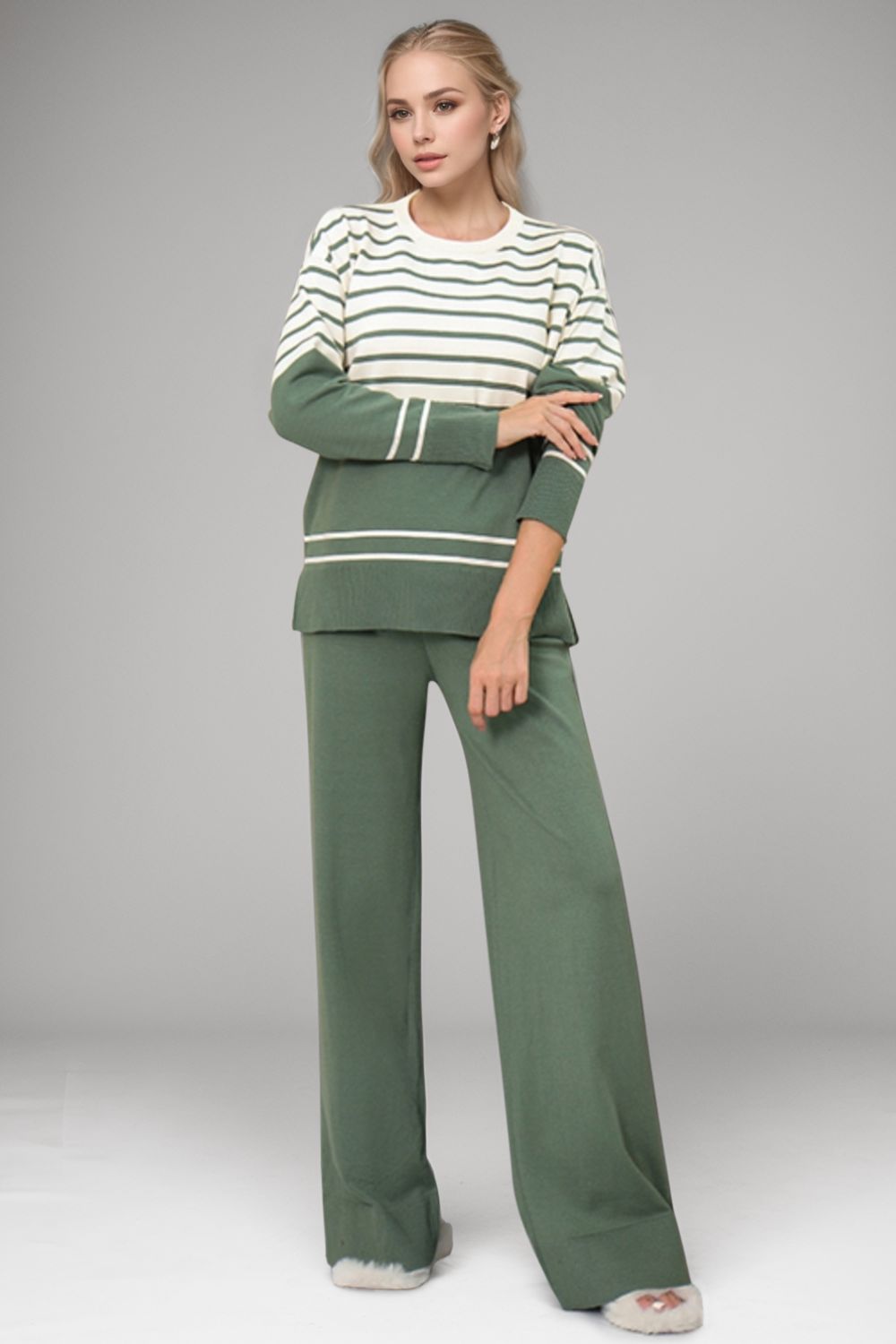 Basic Bae Striped Round Neck Long Sleeve Top and Pants Sweater Set | Trending Chic NZ