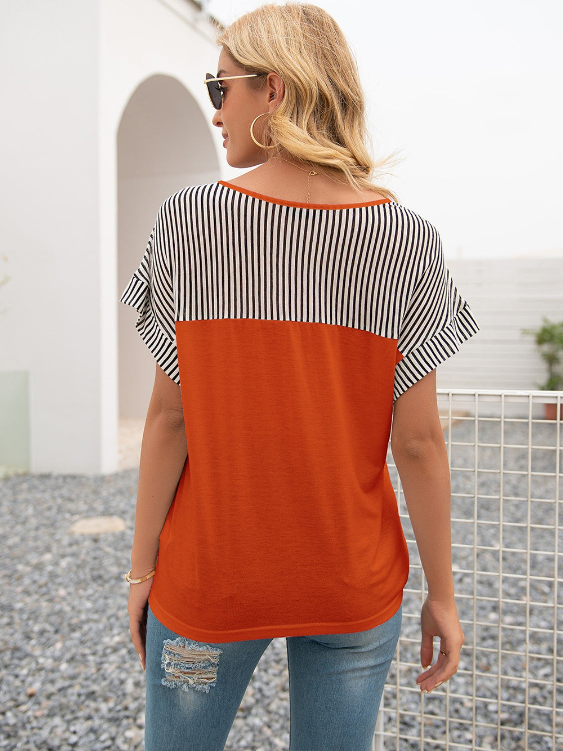 Ivy Lane Striped V-Neck Short Sleeve T-Shirt