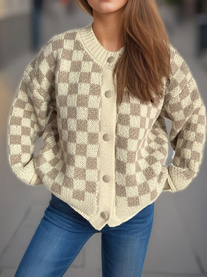 Checkered Button Up Round Neck Cardigan