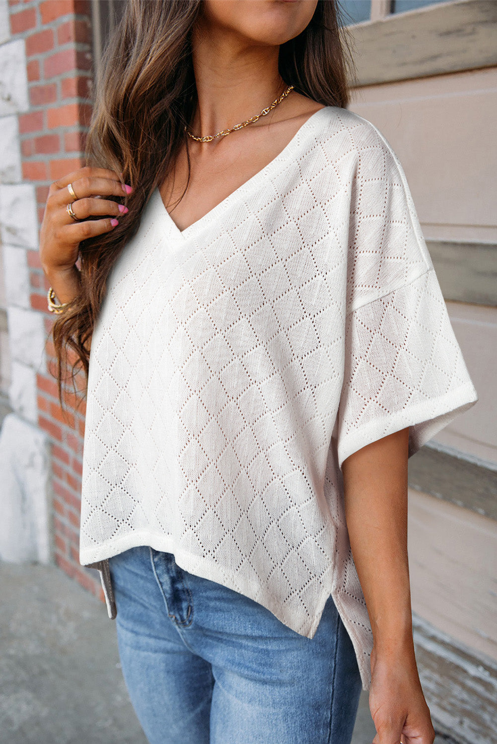 Eyelet V-Neck Dropped Shoulder T-Shirt