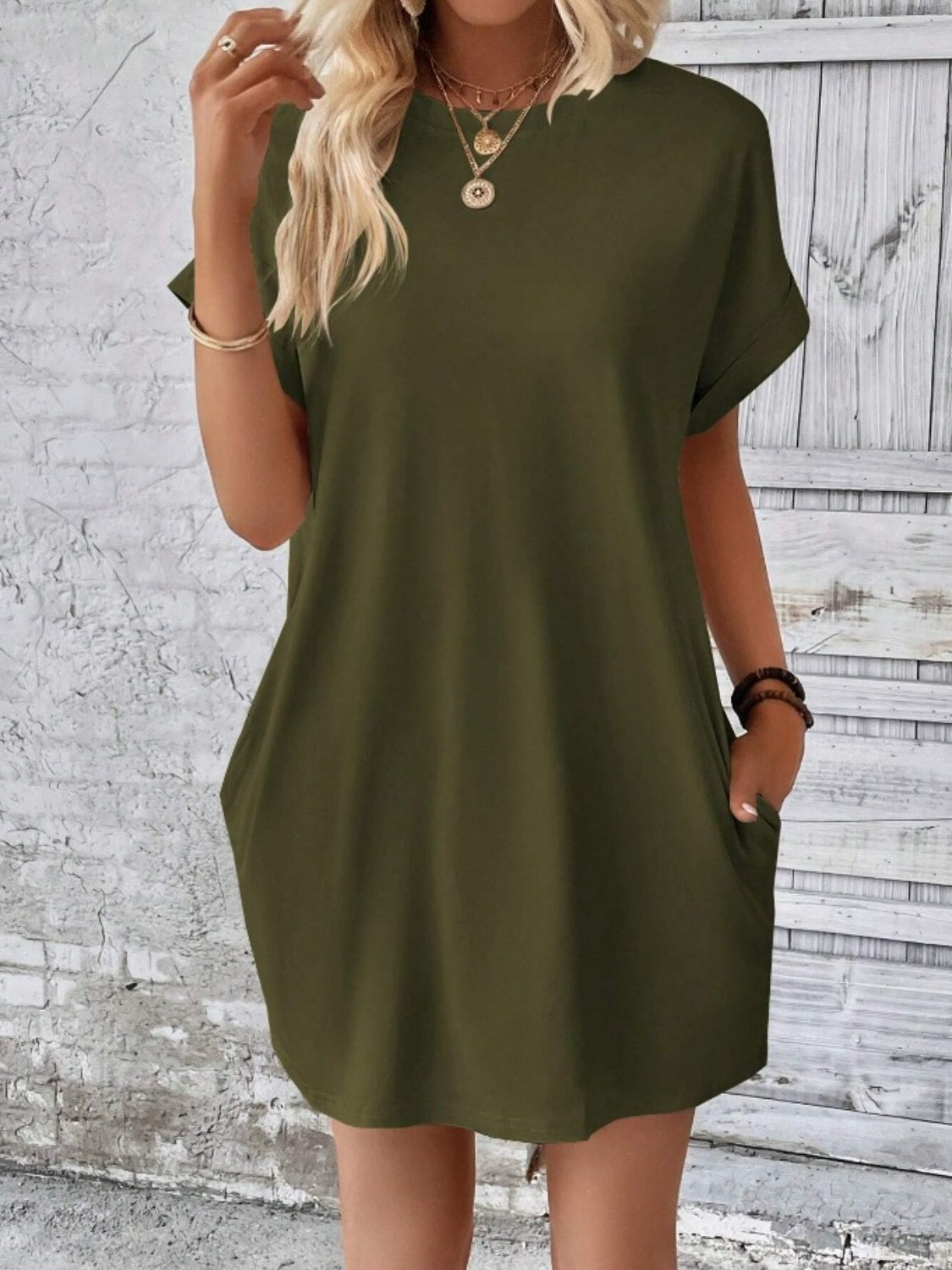 Pocketed Round Neck Short Sleeve Dress