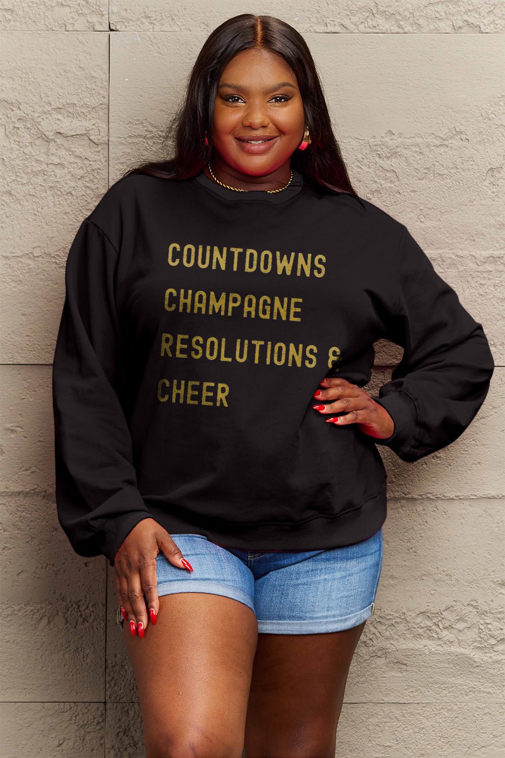 Simply Love Full Size COUNTDOWNS CHAMPAGNE RESOLUTIONS &amp; CHEER Round Neck Sweatshirt