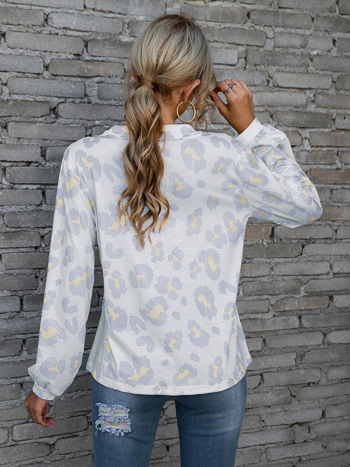 Leopard V-Neck Decorative Button Long Sleeve Blouse