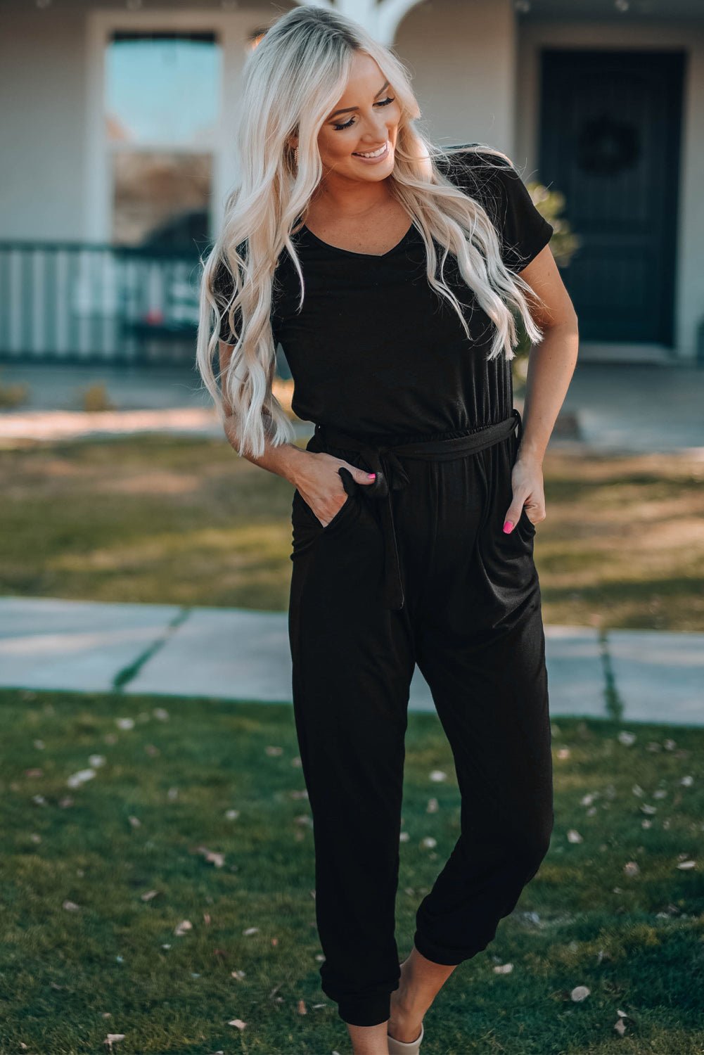 Belted V - Neck Jogger Jumpsuit | Trending Chic NZ