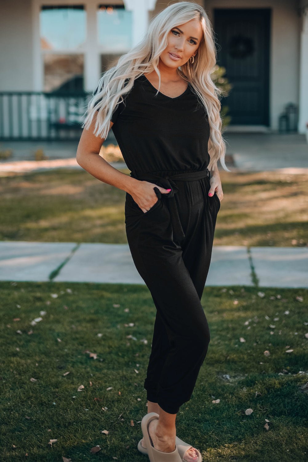 Belted V - Neck Jogger Jumpsuit | Trending Chic NZ