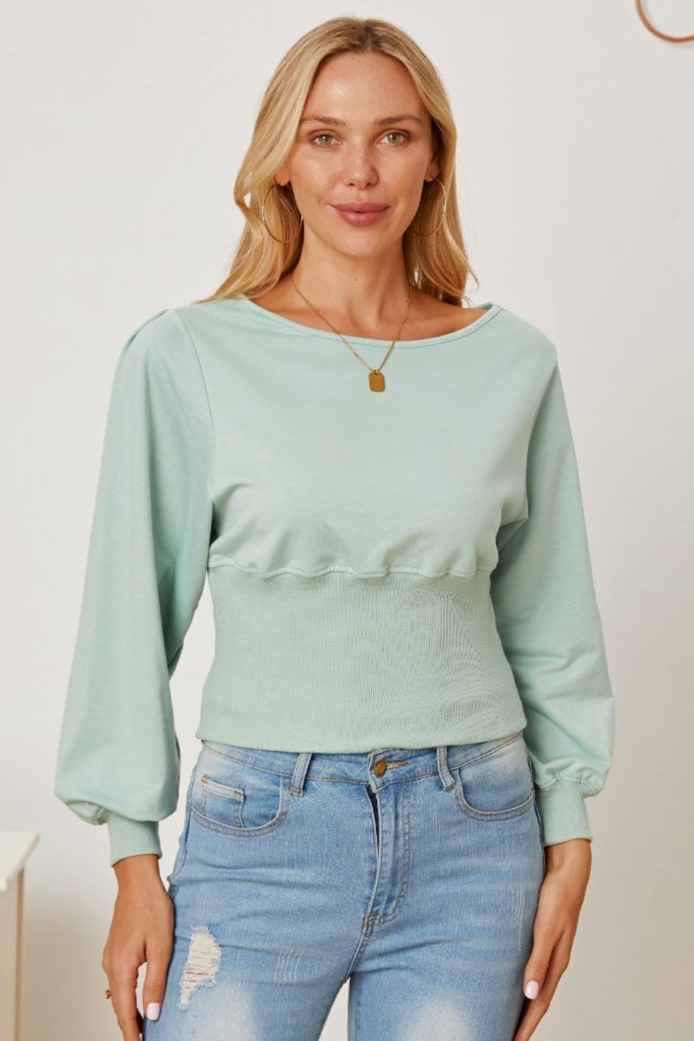 Boat Neck Lantern Sleeve Blouse | Trending Chic NZ