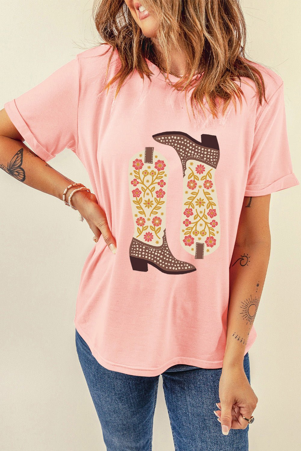 Boot Graphic Round Neck Short Sleeve T-Shirt | Trending Chic NZ