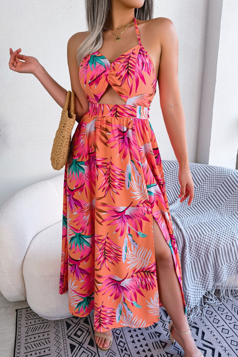 Botanical Print Tied Backless Cutout Slit Dress | Trending Chic NZ