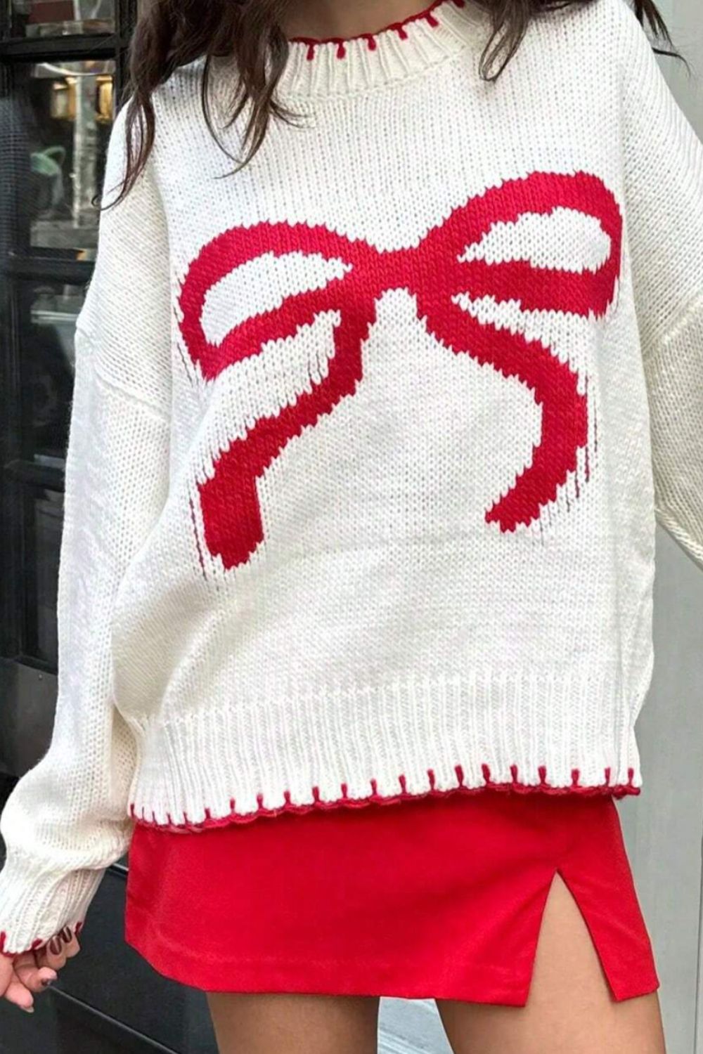 Bow Graphic Round Neck Long Sleeve Sweater | Trending Chic NZ