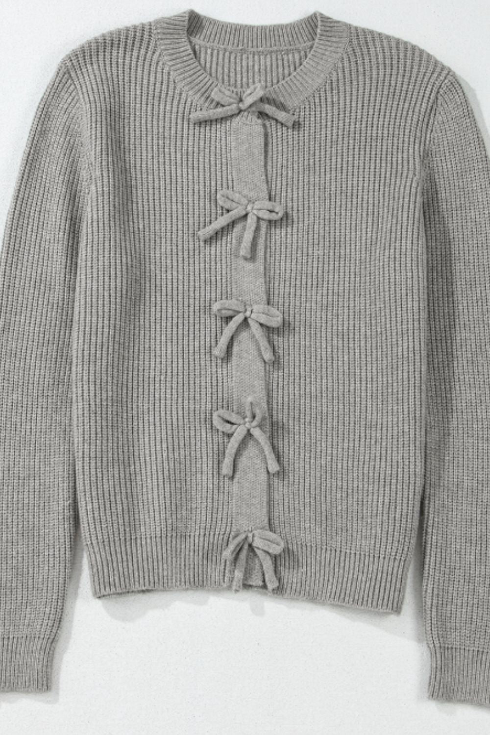 Bow Round Neck Long Sleeve Cardigan | Trending Chic NZ