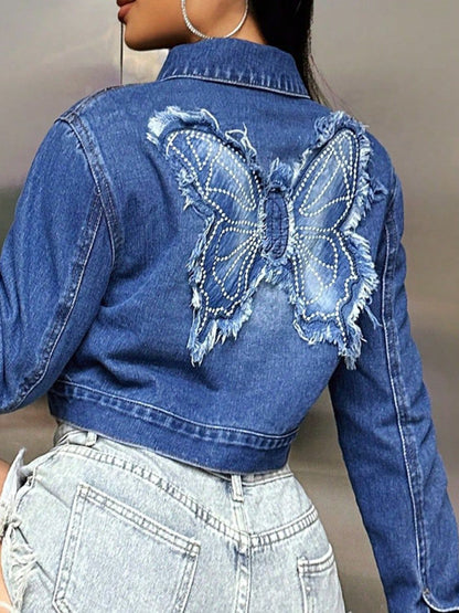 Butterfly Patch Long Sleeve Cropped Denim Top | Trending Chic NZ