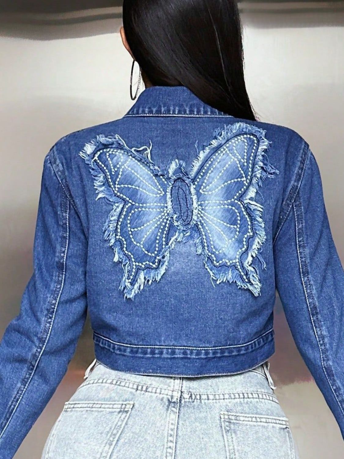 Butterfly Patch Long Sleeve Cropped Denim Top | Trending Chic NZ