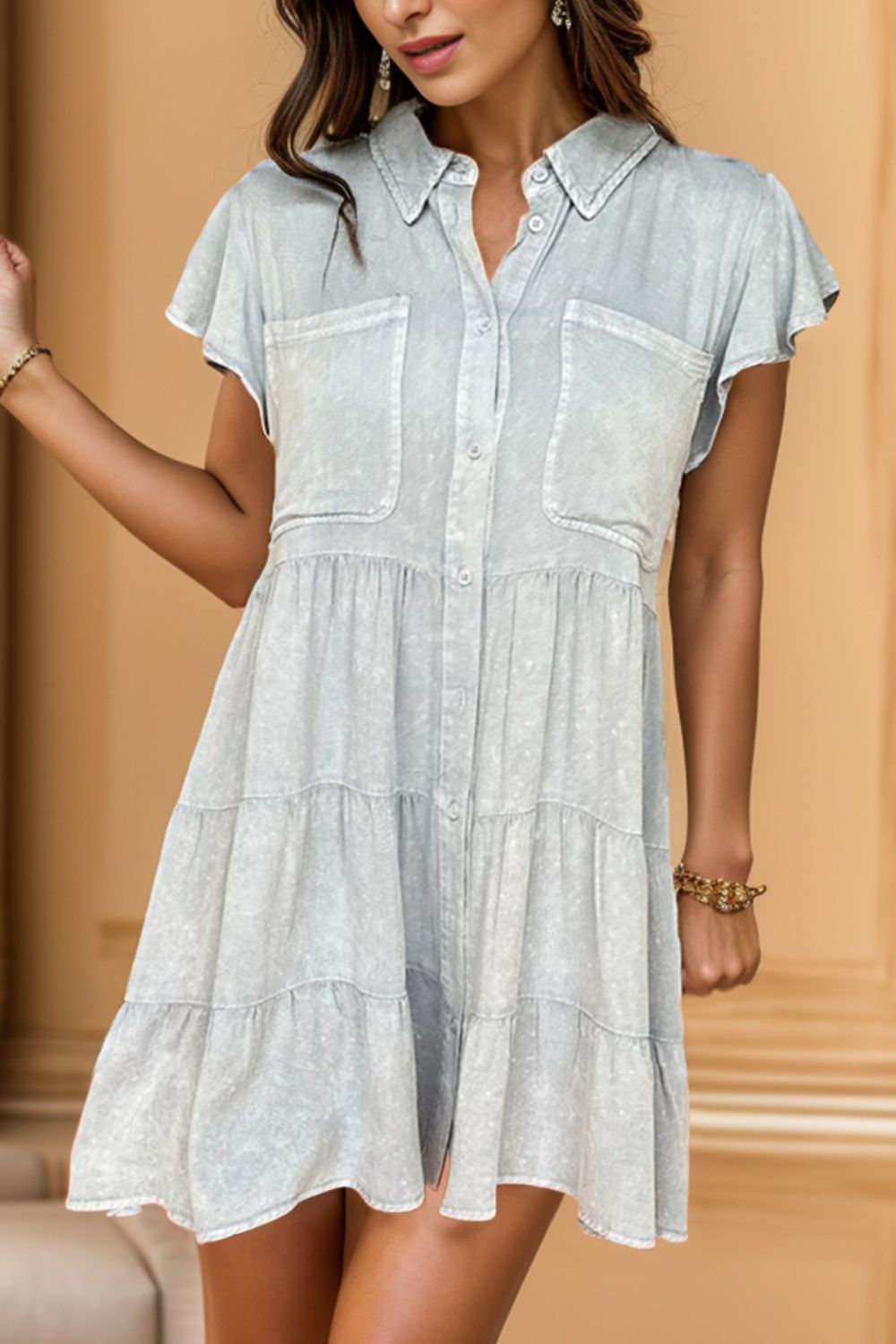 Button Up Cap Sleeve Denim Dress | Trending Chic NZ