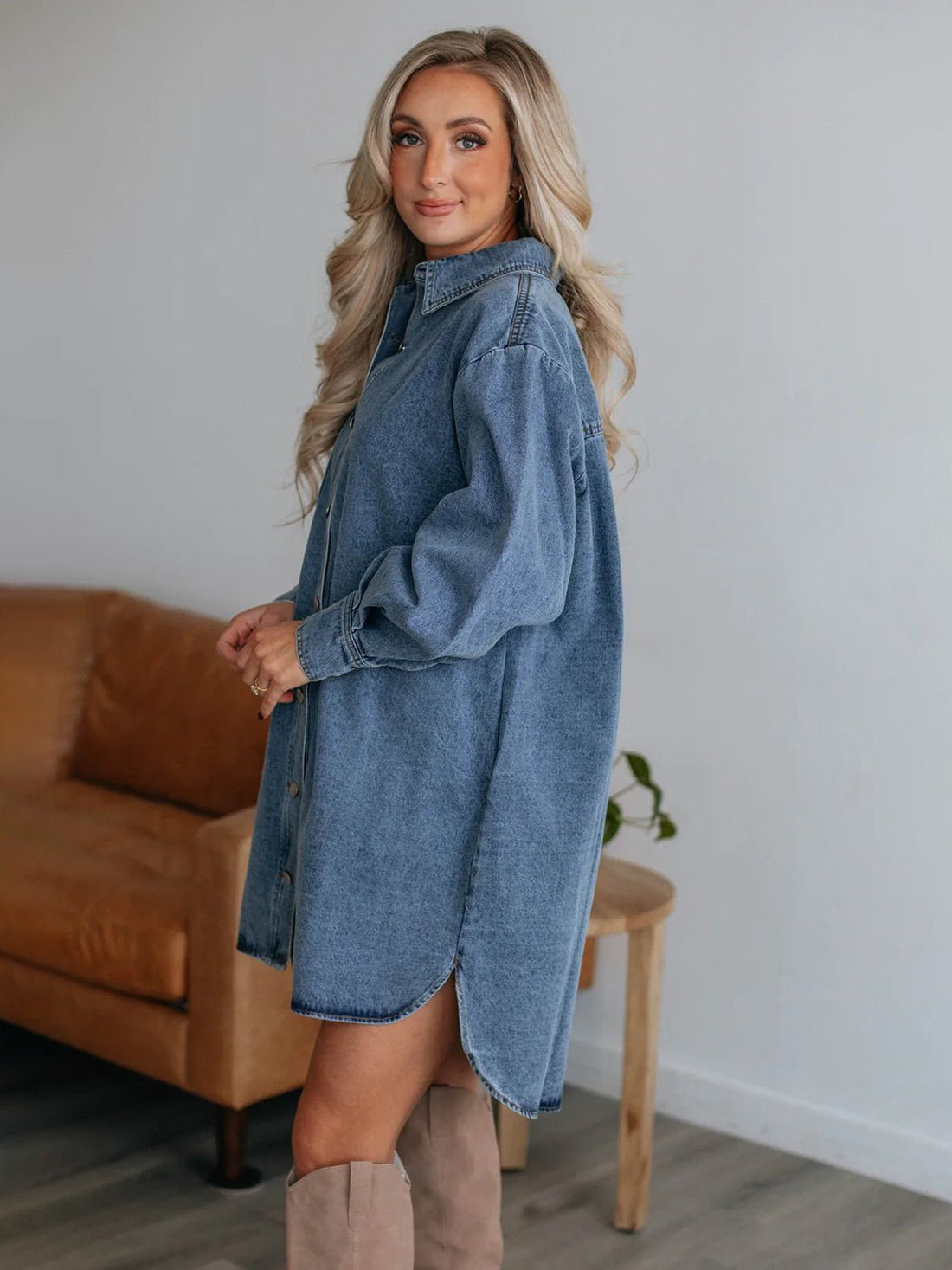 Button Up Collared Neck Long Sleeve Denim Dress | Trending Chic NZ