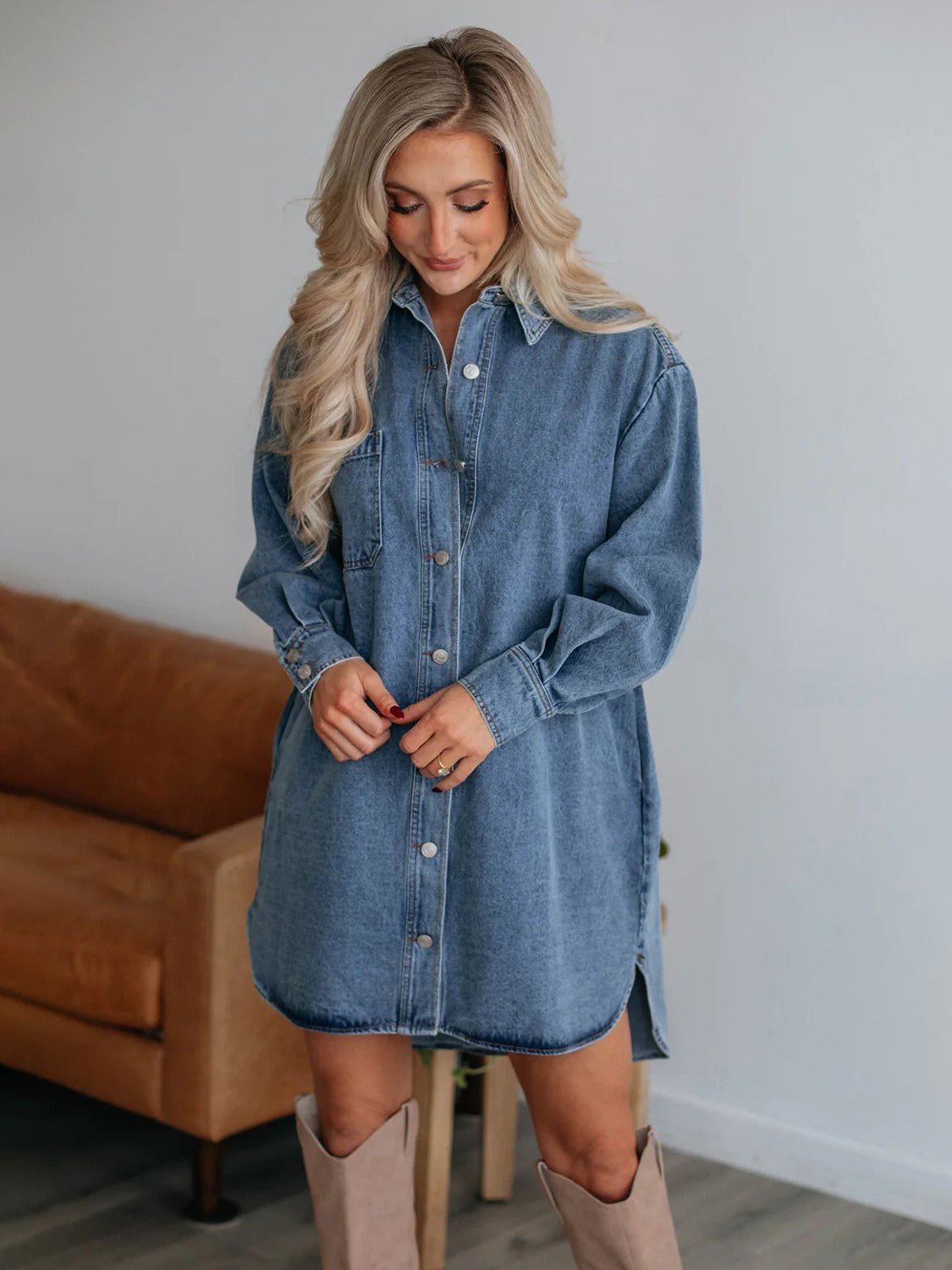 Button Up Collared Neck Long Sleeve Denim Dress | Trending Chic NZ