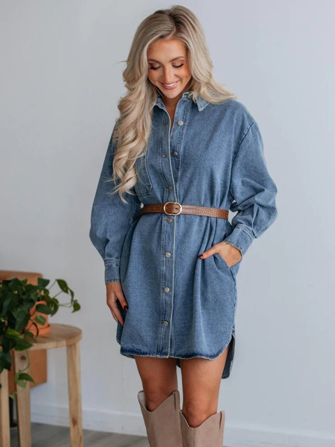 Button Up Collared Neck Long Sleeve Denim Dress | Trending Chic NZ