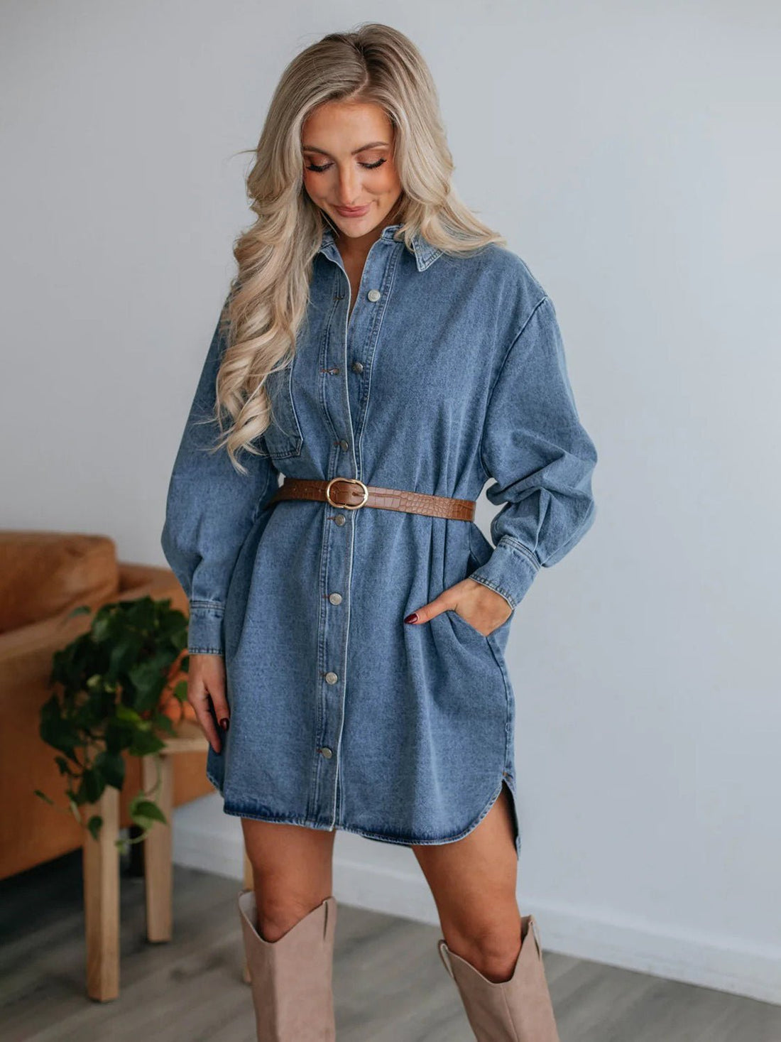 Button Up Collared Neck Long Sleeve Denim Dress | Trending Chic NZ