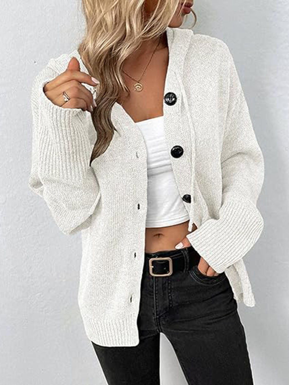 Button Up Drawstring Long Sleeve Hooded Cardigan | Trending Chic NZ