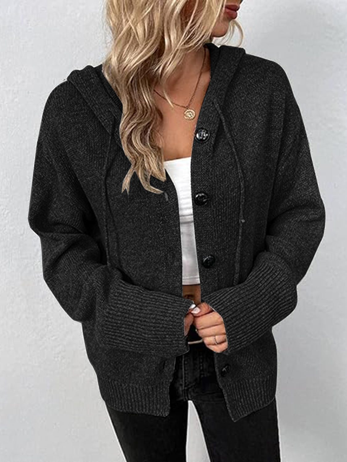 Button Up Drawstring Long Sleeve Hooded Cardigan | Trending Chic NZ