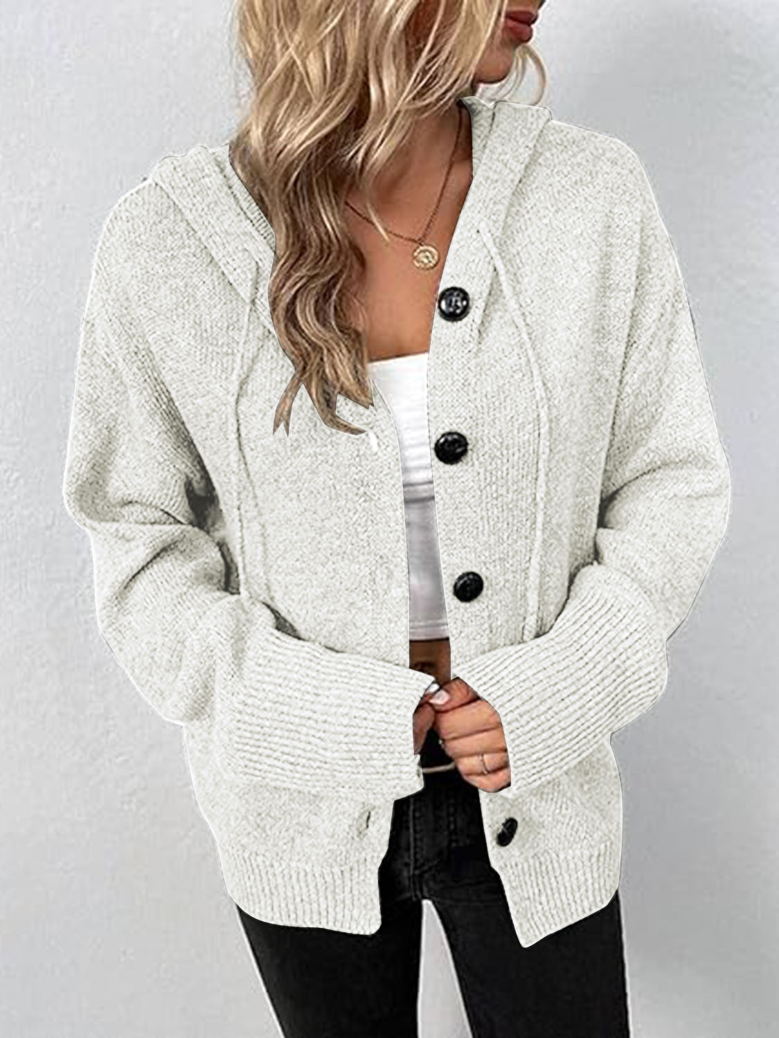 Button Up Drawstring Long Sleeve Hooded Cardigan | Trending Chic NZ