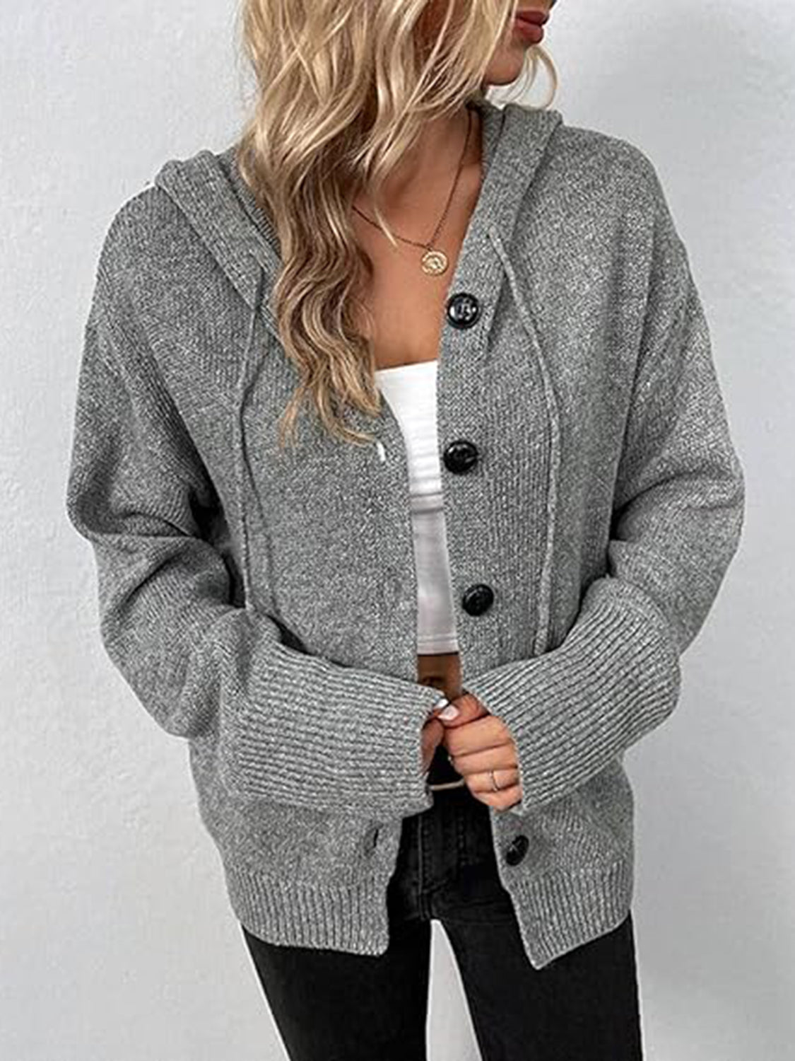 Button Up Drawstring Long Sleeve Hooded Cardigan | Trending Chic NZ